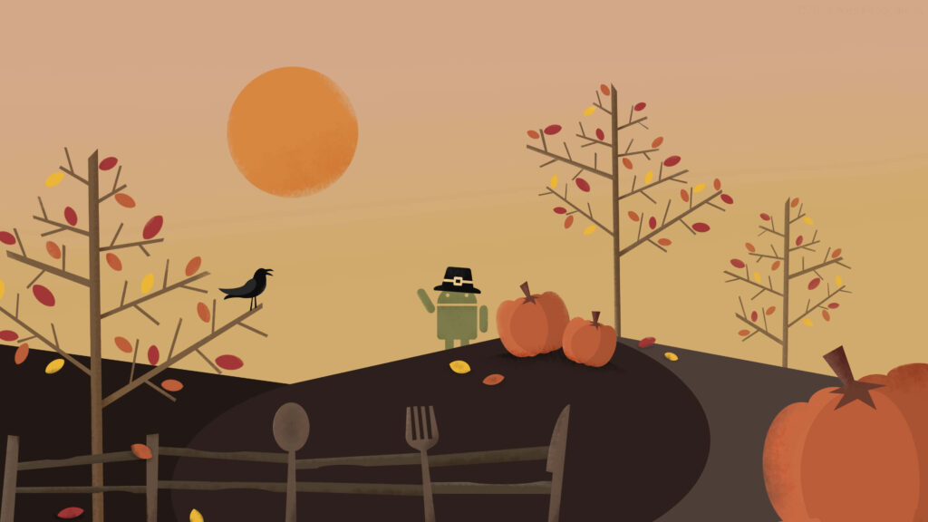 Android mascot in pilgrim hat walking through autumn leaves pumpkins Thanksgiving wallpaper