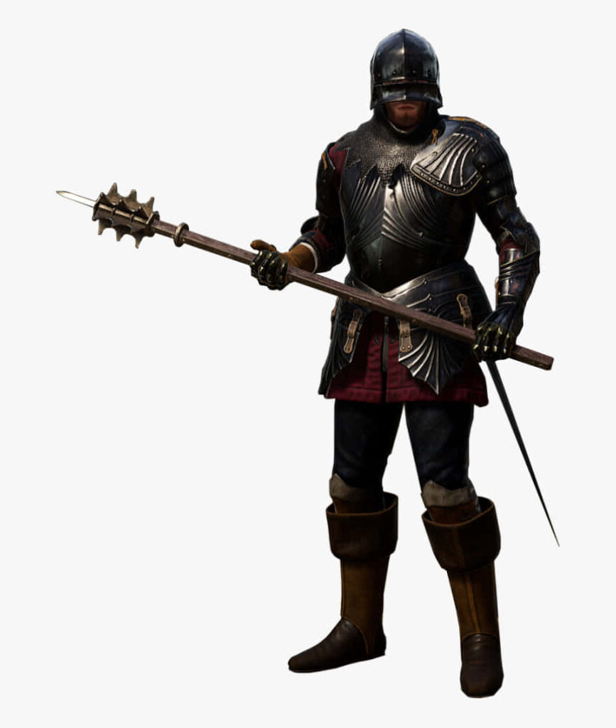Medieval knight in battle armor with polearm weapon on clean background Wallpaper