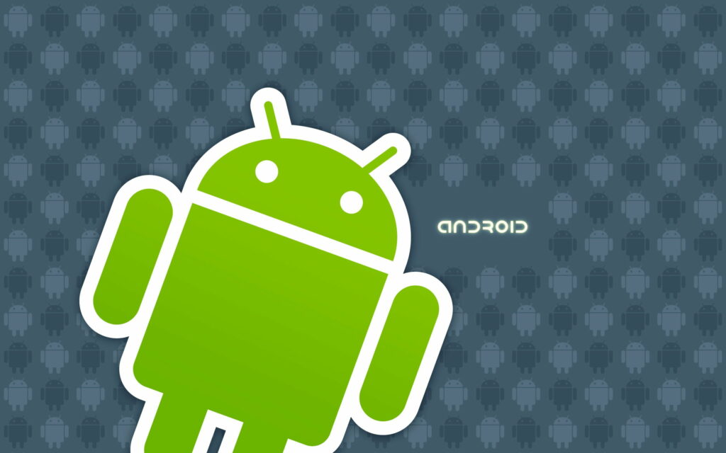 High-quality Android wallpaper with green mascot on blue-grey patterned background tech design