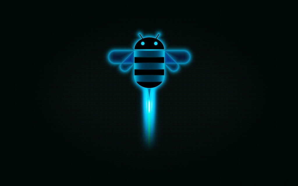 Neon blue Android 3.0 Honeycomb robotic bee on dark textured tech wallpaper background