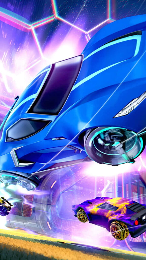 Chromatic Mayhem: A Dynamic Android Rocket League Sideswipe Poster with Flying Cars in an Electrifying Video Game Background Wallpaper