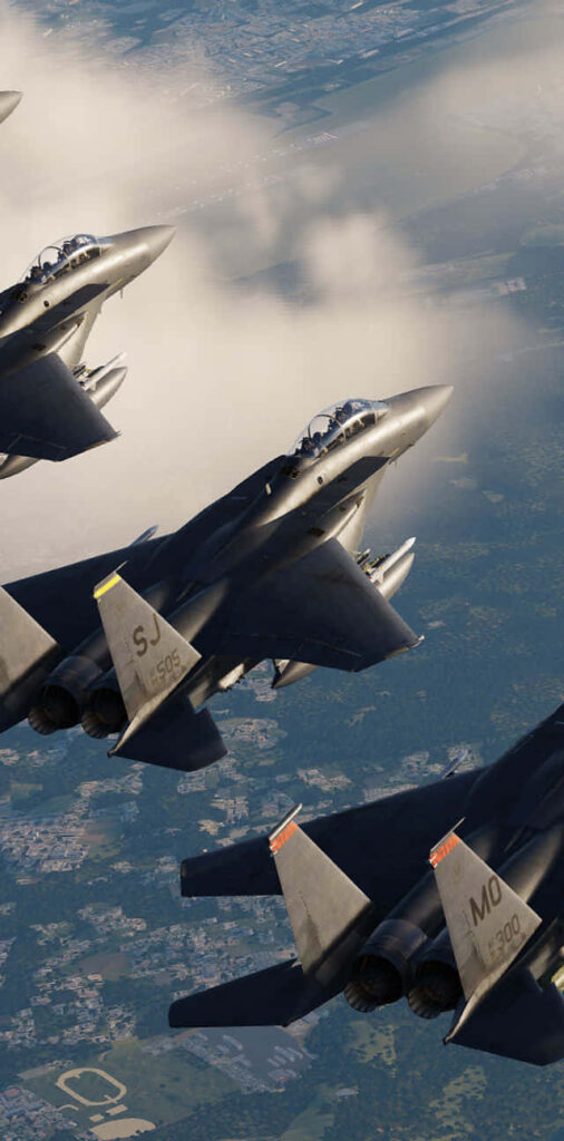 Skybound Symphony: Majestic Military Formation Flyover amidst Cloudy Horizons Wallpaper