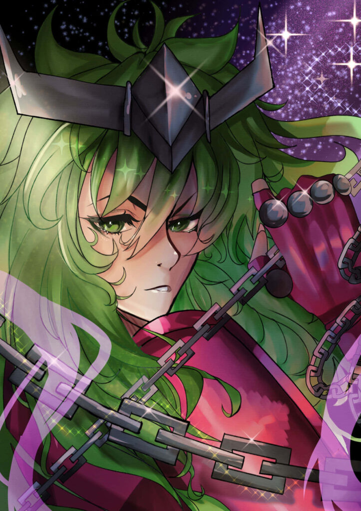 Andromeda Shun anime wallpaper vibrant green hair cosmic background chain weapon art