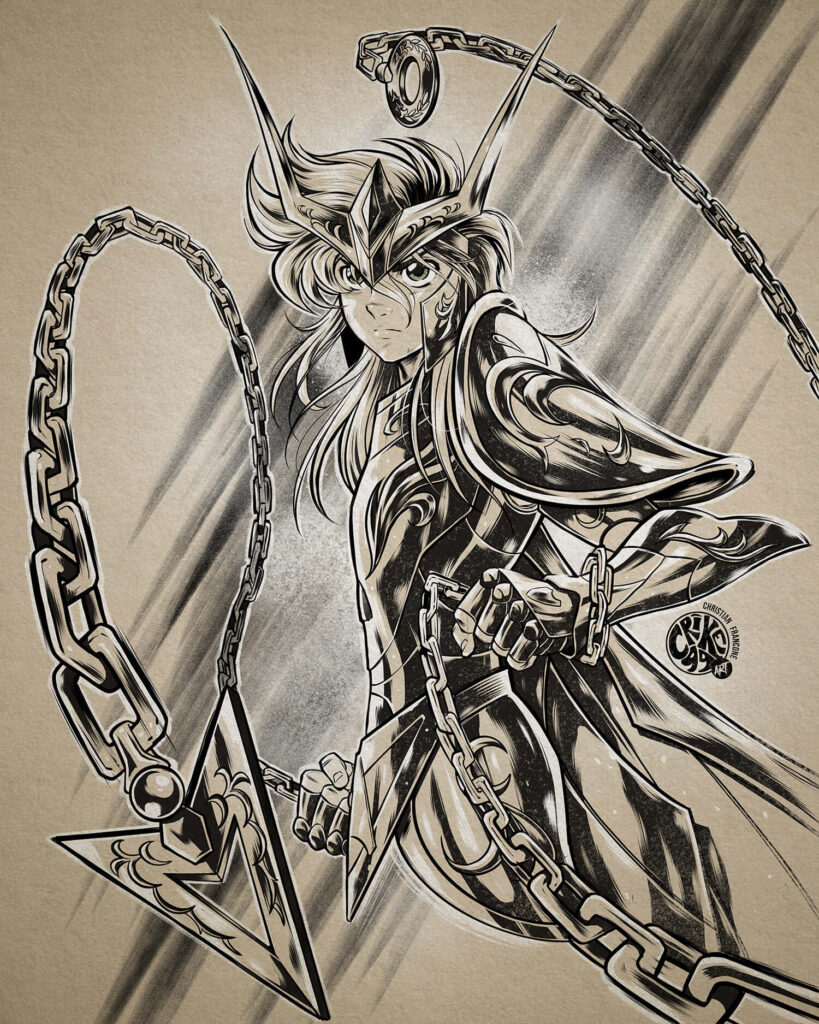 Andromeda Shun in detailed armor holding chains dynamic pose heroic elegant wallpaper art