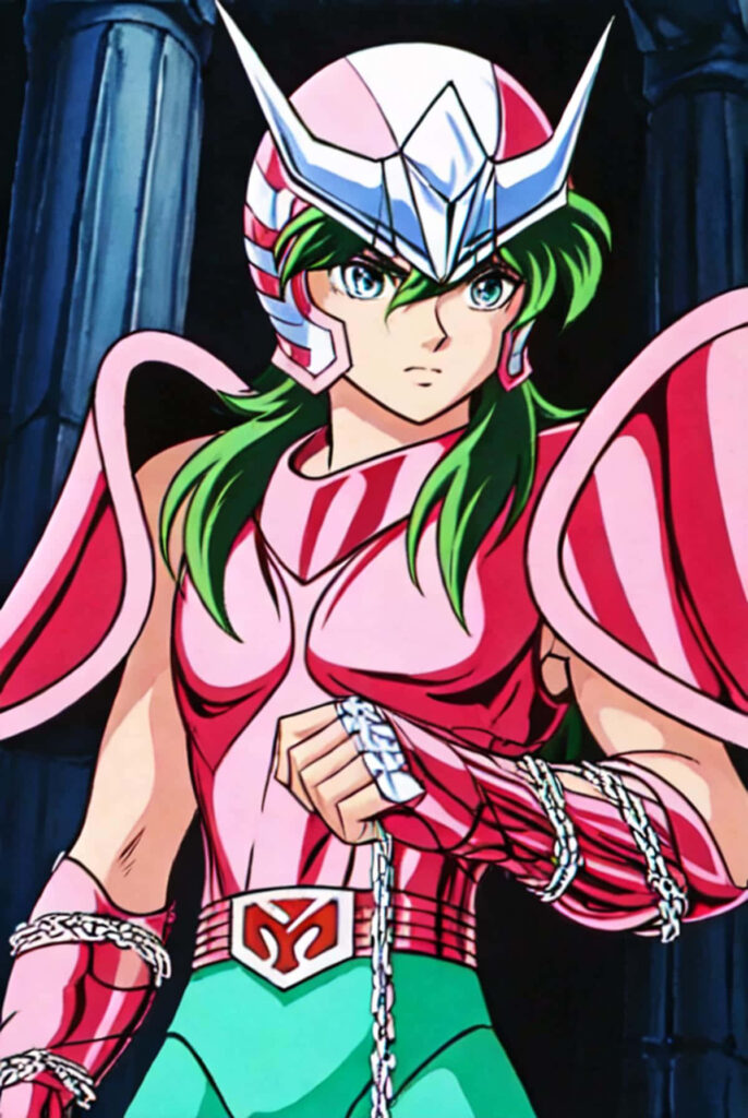 Andromeda Shun in pink green armor silver helmet with chains anime wallpaper background
