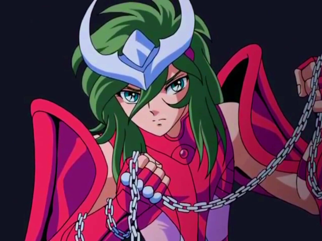 Andromeda Shun in iconic armor wielding Nebula Chain ready for battle dark background wallpaper