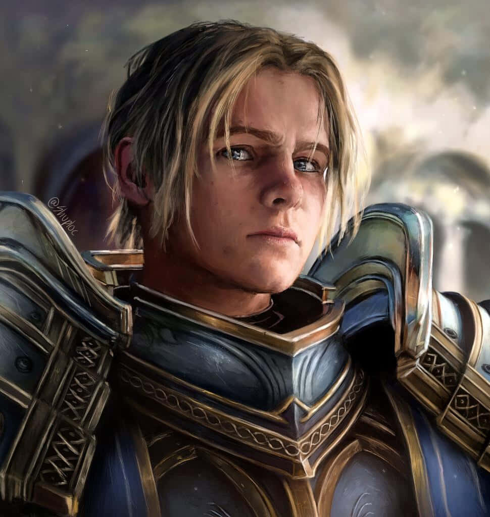 Anduin Wrynn portrait wallpaper showing determined expression and detailed Warcraft armor