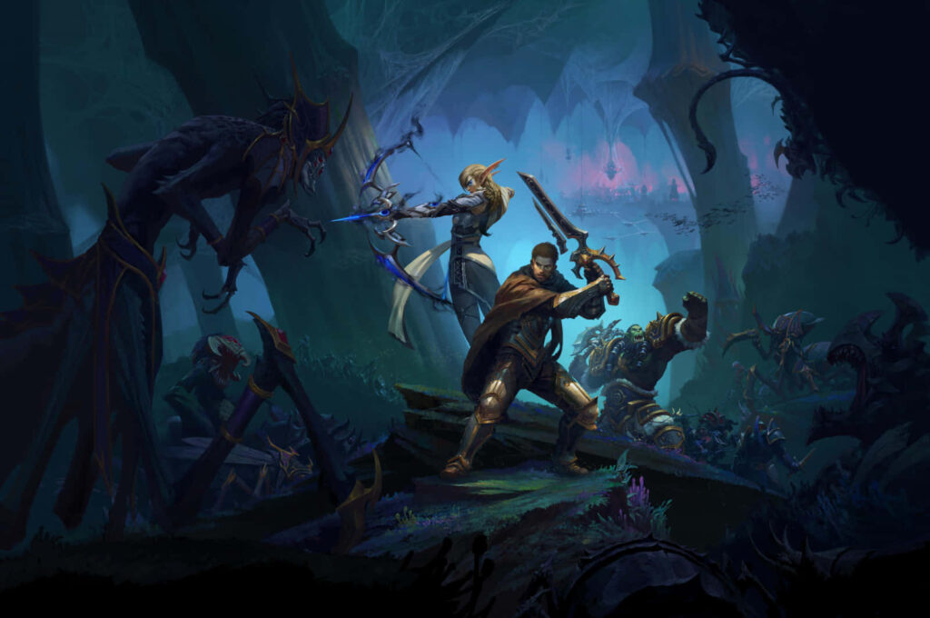 Anduin Wrynn heroically wielding sword in epic battle with fierce enemies and dramatic lighting Wallpaper
