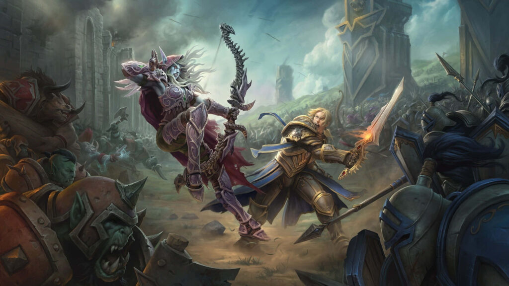 Anduin Wrynn in heroic battle scene facing fearsome enemy with epic war wallpaper background