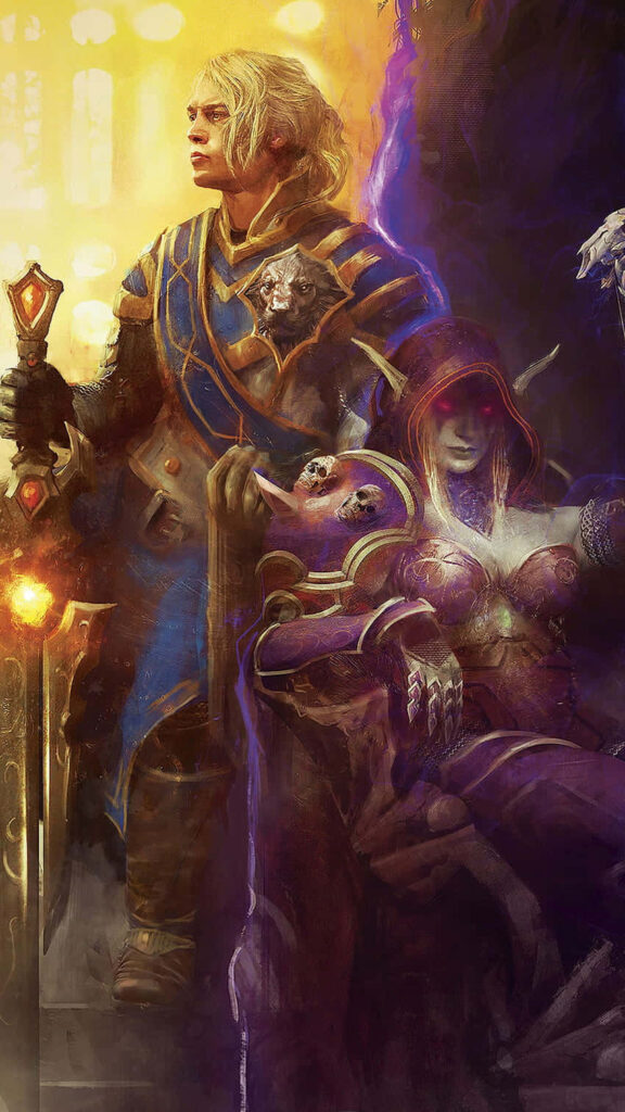 Anduin Wrynn in regal armor with sword bathed in golden light fantasy wallpaper background