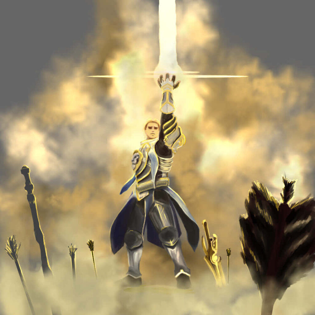 Anduin Wrynn heroic stance raising shining sword on battlefield with arrows and fallen weapons Wallpaper