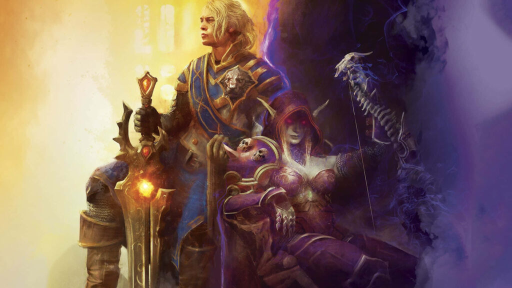 Anduin Wrynn grips sword in warm light facing dark robed figure and skeleton in fantasy scene Wallpaper