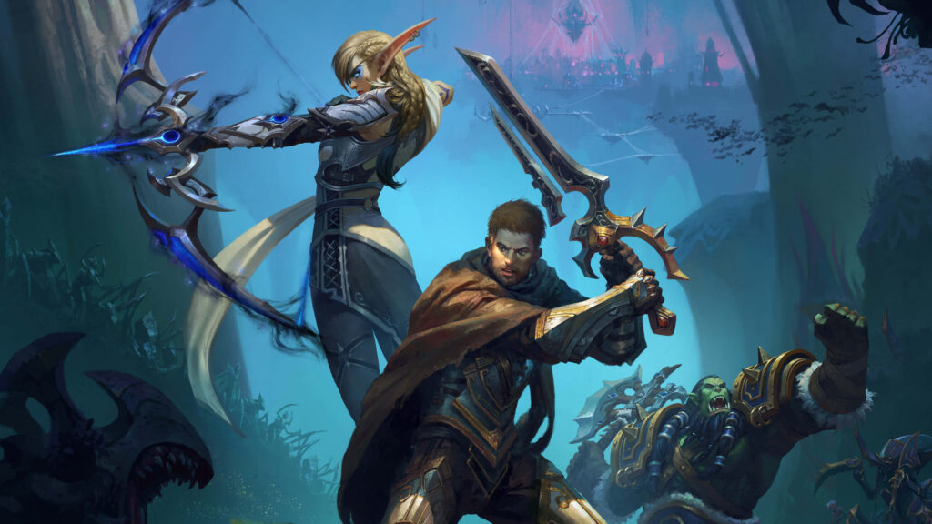 Anduin Wrynn and allies prepared for battle in a dynamic fantasy wallpaper background scene