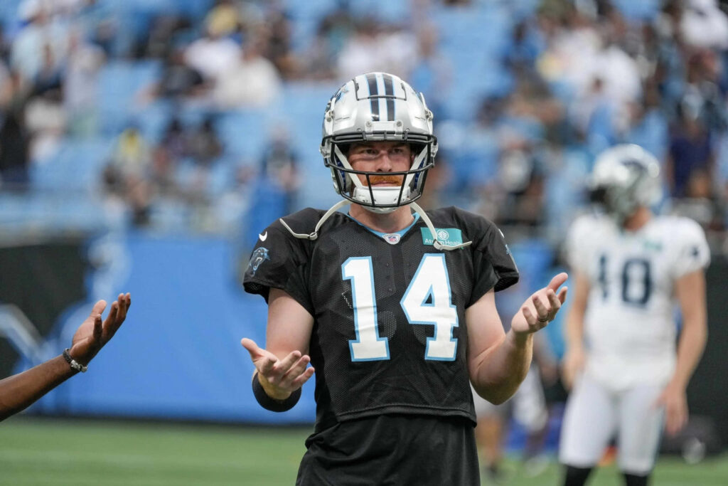 Quarterback Andy Dalton in Carolina Panthers uniform gesturing during a football game action shot Wallpaper