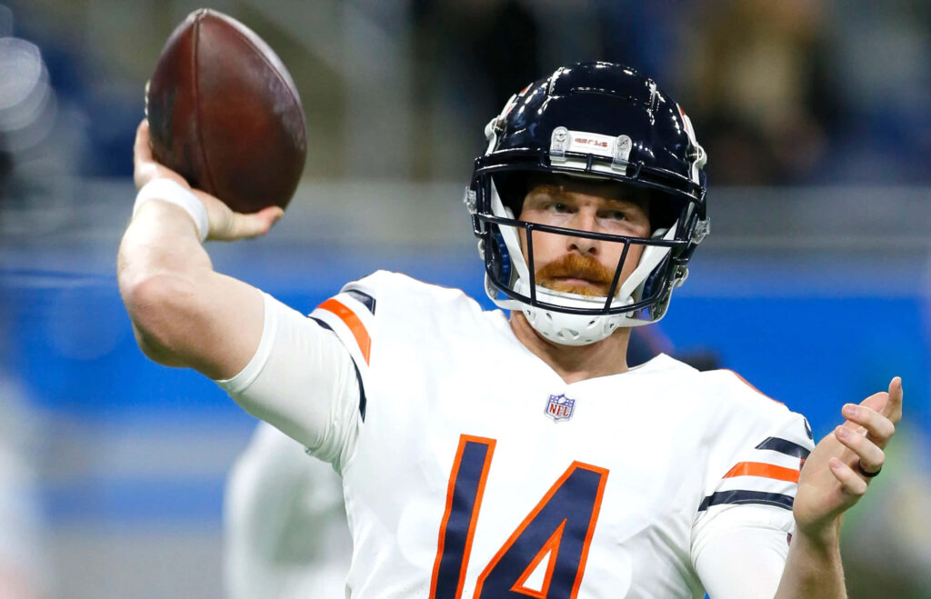 Andy Dalton Chicago Bears quarterback preparing to throw football intense NFL action shot Wallpaper