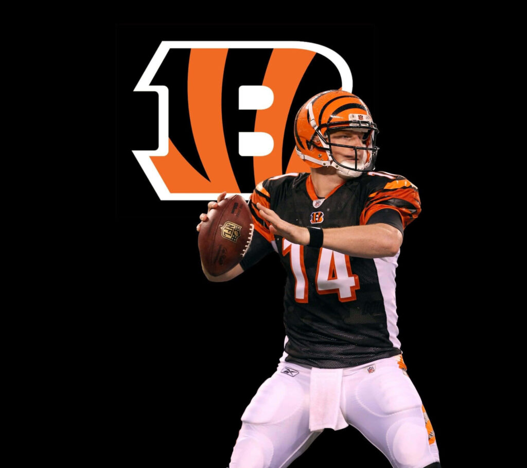 Quarterback Andy Dalton in Cincinnati Bengals uniform with bold Bengals logo wallpaper background
