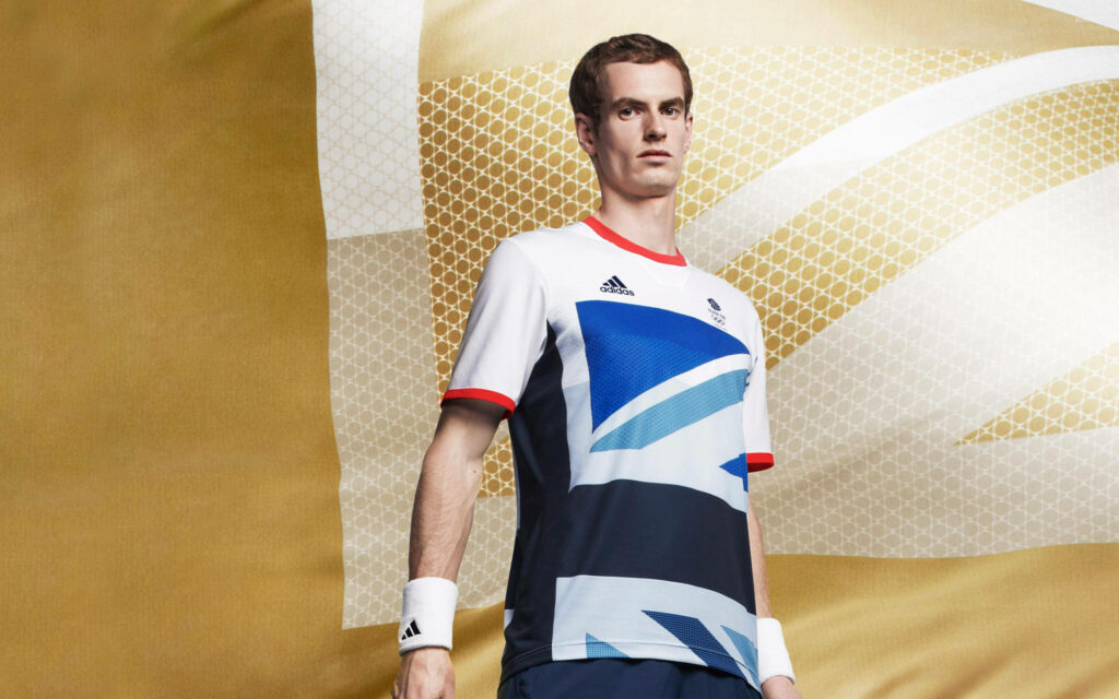 Andy Murray in Adidas Union Jack athleisure outfit on stylish gold wallpaper background