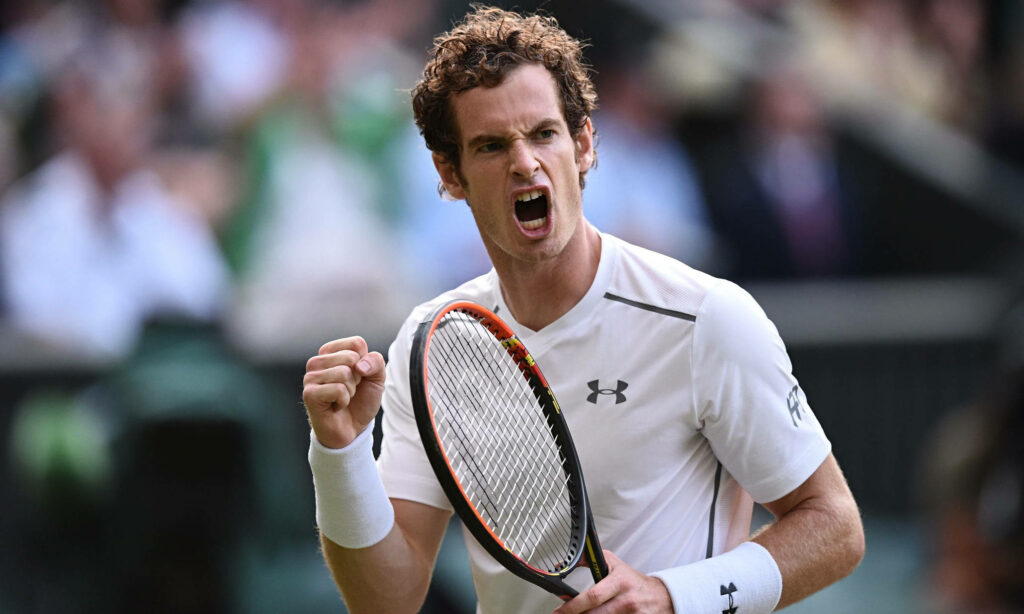Andy Murray celebrating a dynamic tennis victory showing intense emotion on court wallpaper background