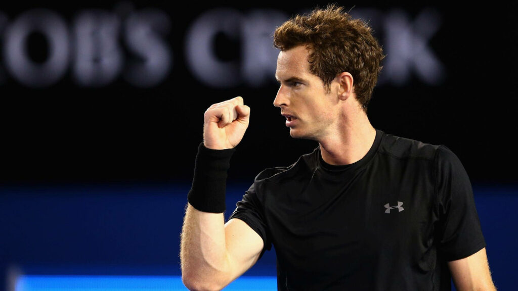Andy Murray celebrates winning tennis point with intense focus motivational sports wallpaper background