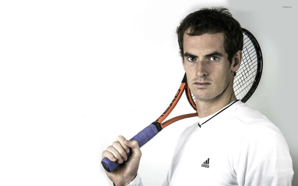 Andy Murray focused holding tennis racket over shoulder against white background dynamic wallpaper