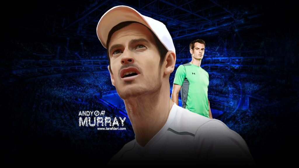 Andy Murray fan art wallpaper showing intense focus with detailed portrait and stadium background