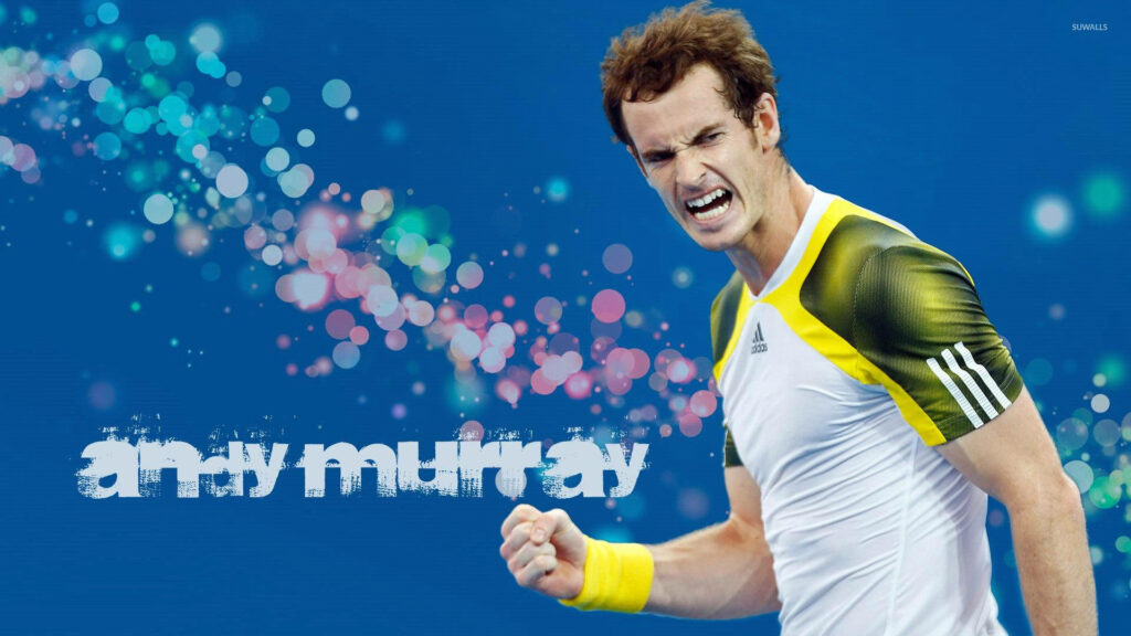 Andy Murray fan art wallpaper intense victorious pose vibrant blue background colorful lights
