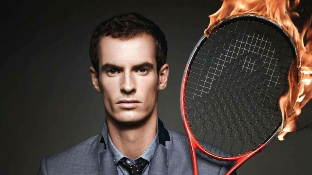 Andy Murray in suit holding flaming tennis racket showcasing intense passion and energy wallpaper