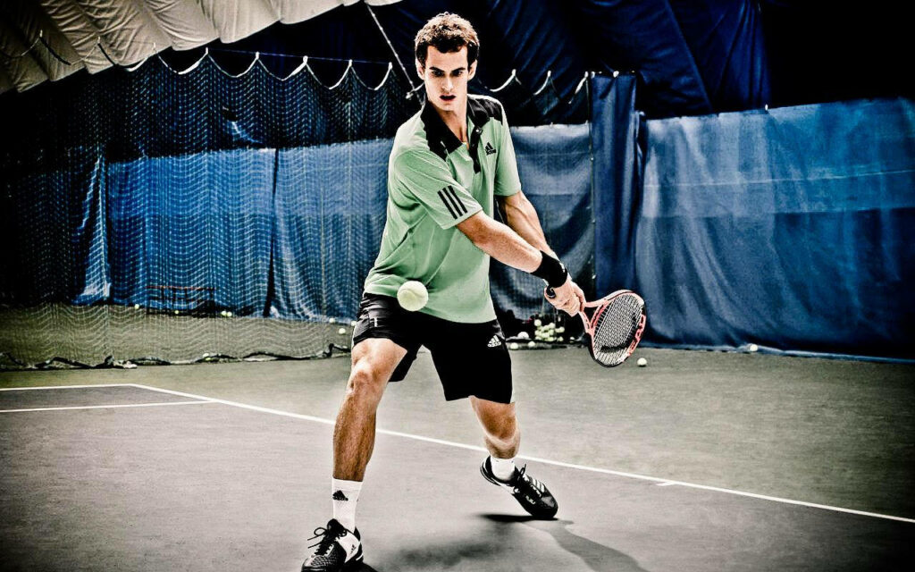 Andy Murray intense indoor tennis training session focused on returning shot dynamic wallpaper