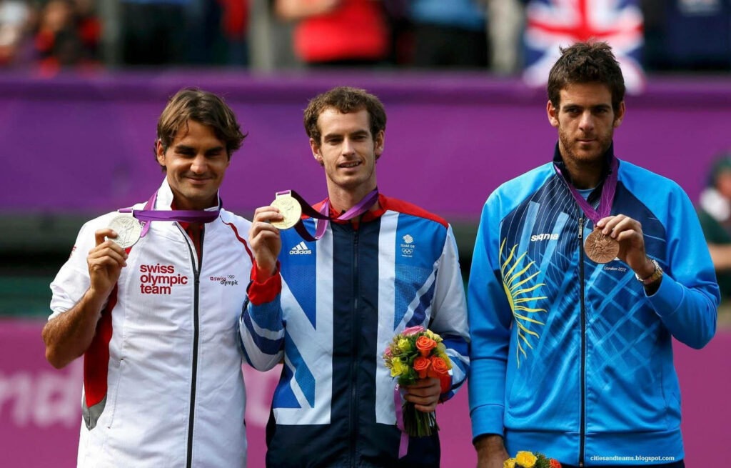 Andy Murray gold medal London 2012 tennis final with Roger Federer and Juan Martin del Potro Wallpaper