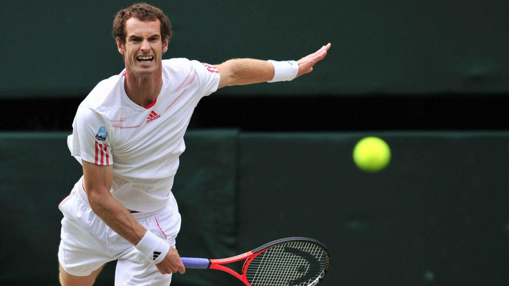 Andy Murray hitting tennis ball with focused expression during professional tennis match wallpaper