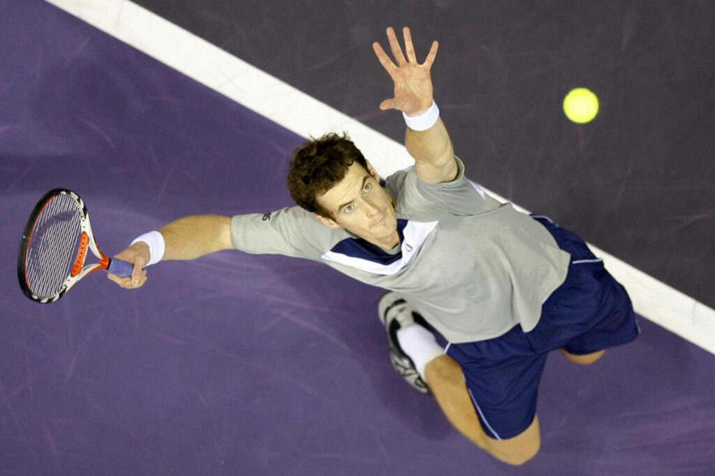 Andy Murray powerful tennis serve bird eye view action shot wallpaper background athleticism