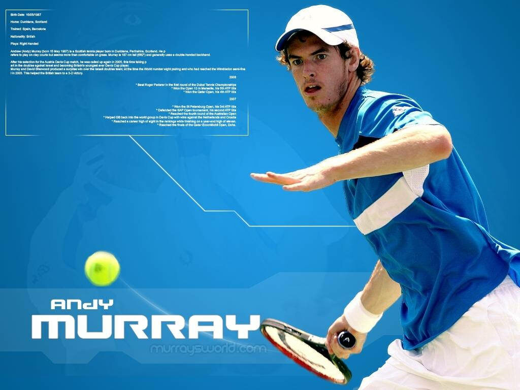 Andy Murray tennis action wallpaper with intense focus and athleticism on sleek blue background