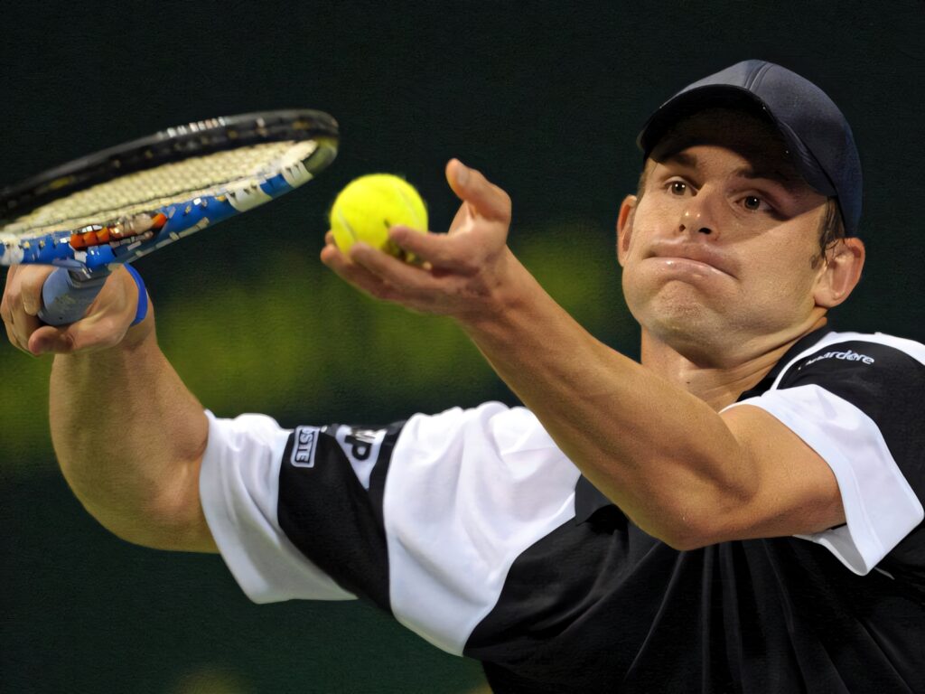 Andy Roddick intense tennis serve focus dynamic action shot showcasing athletic determination Wallpaper