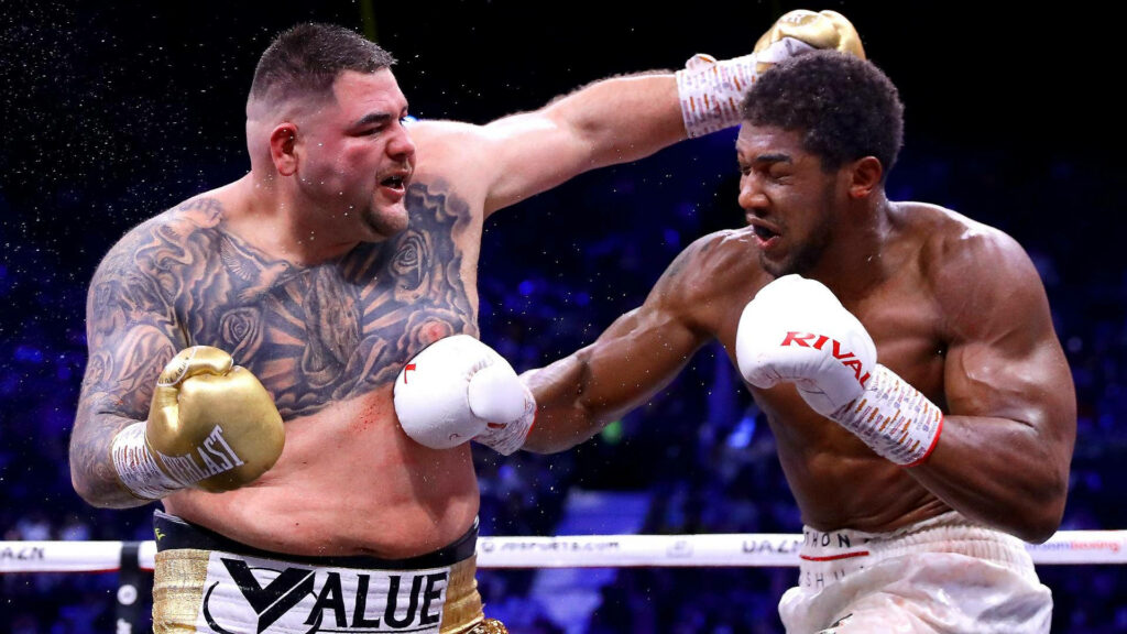 Andy Ruiz Jr. and Anthony Joshua intense heavyweight boxing match fight wallpaper background