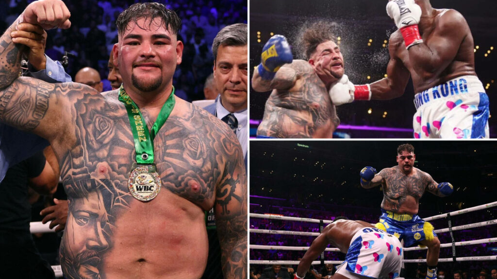 Dynamic wallpaper of Andy Ruiz Jr. vs Anthony Joshua boxing match with victory celebration