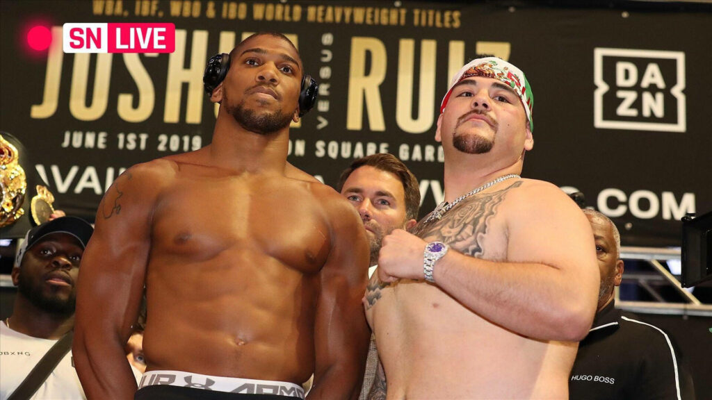 Andy Ruiz Jr and Anthony Joshua face off at official pre fight event heavyweight boxing match wallpaper