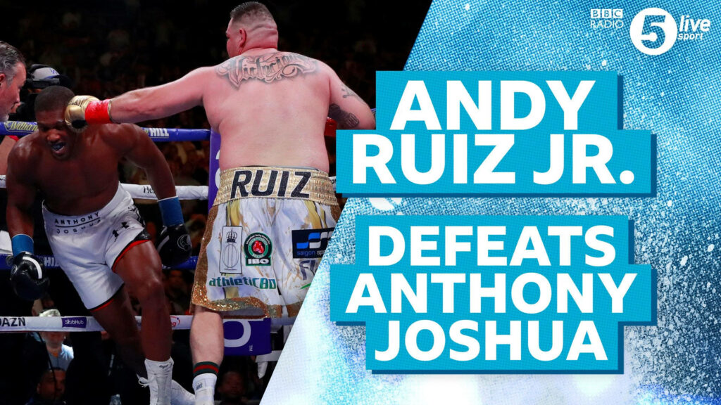 Andy Ruiz Jr victorious over Anthony Joshua intense boxing action BBC Radio 5 Live Sport wallpaper