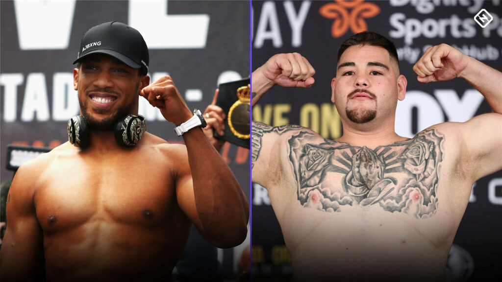 Dynamic wallpaper collage of Andy Ruiz Jr and Joshua shirtless confidently posing pre-fight