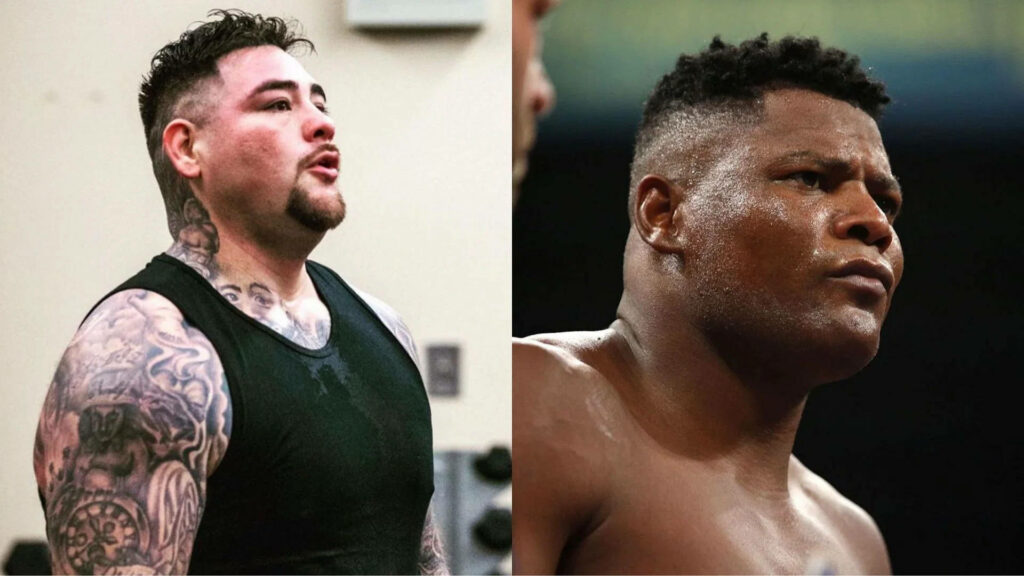 Dynamic collage wallpaper of heavyweight boxers Andy Ruiz Jr and Luis Ortiz in action moments