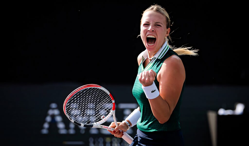 Anett Kontaveit intense tennis emotion gripping white red racket dynamic sports wallpaper background