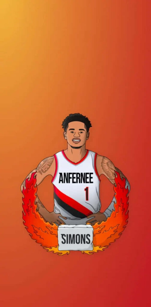 Anfernee Simons basketball portrait with dynamic flames vibrant wallpaper background design