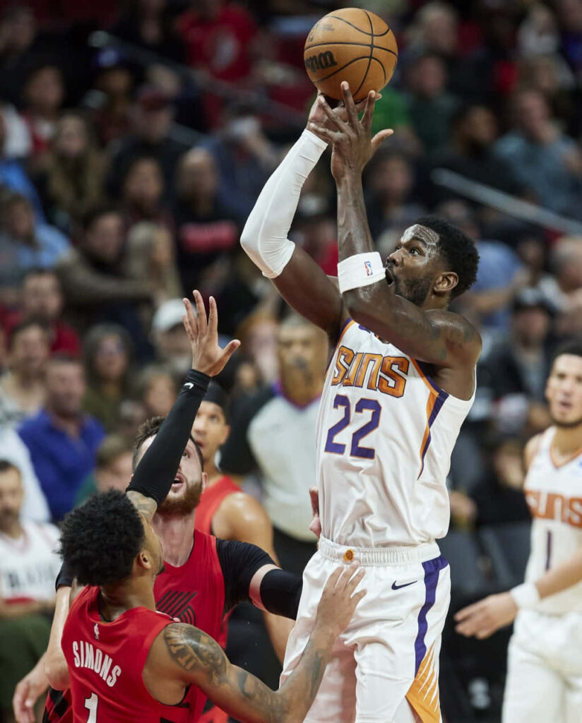 Anfernee Simons defends Deandre Ayton jump shot Phoenix Suns vs Trail Blazers NBA action wallpaper
