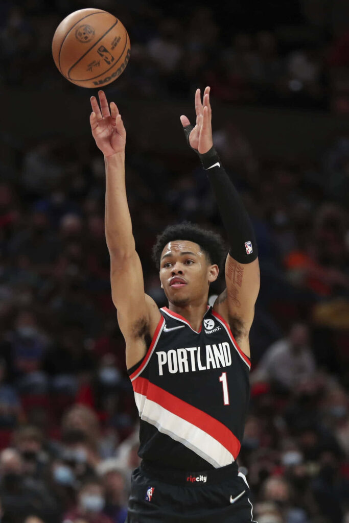 Anfernee Simons Portland basketball player shooting mid-air with perfect form on court wallpaper