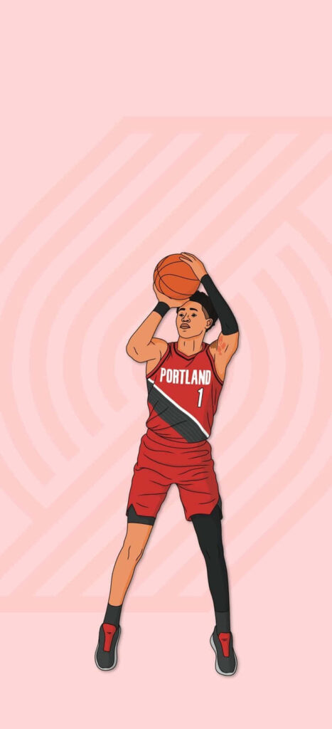 Anfernee Simons mid-jump shot Portland basketball uniform pink background dynamic wallpaper