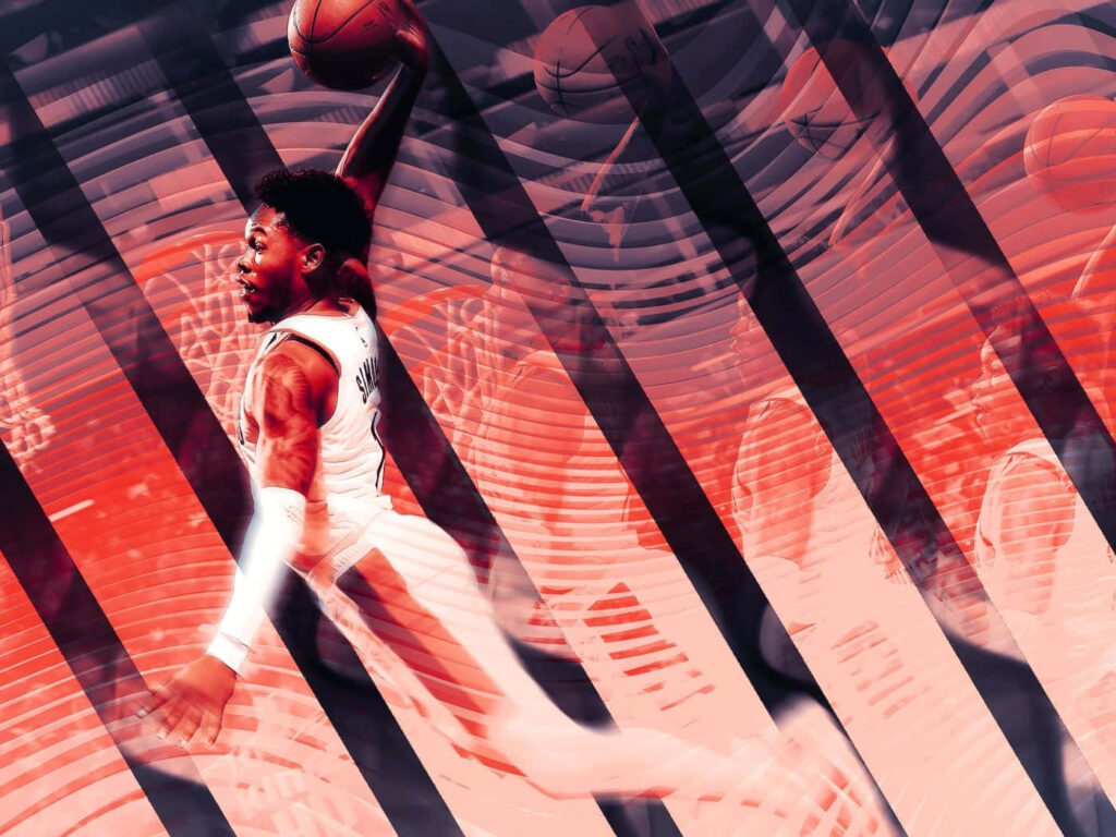 Anfernee Simons powerful dunk basketball art wallpaper with vibrant dynamic motion lines background