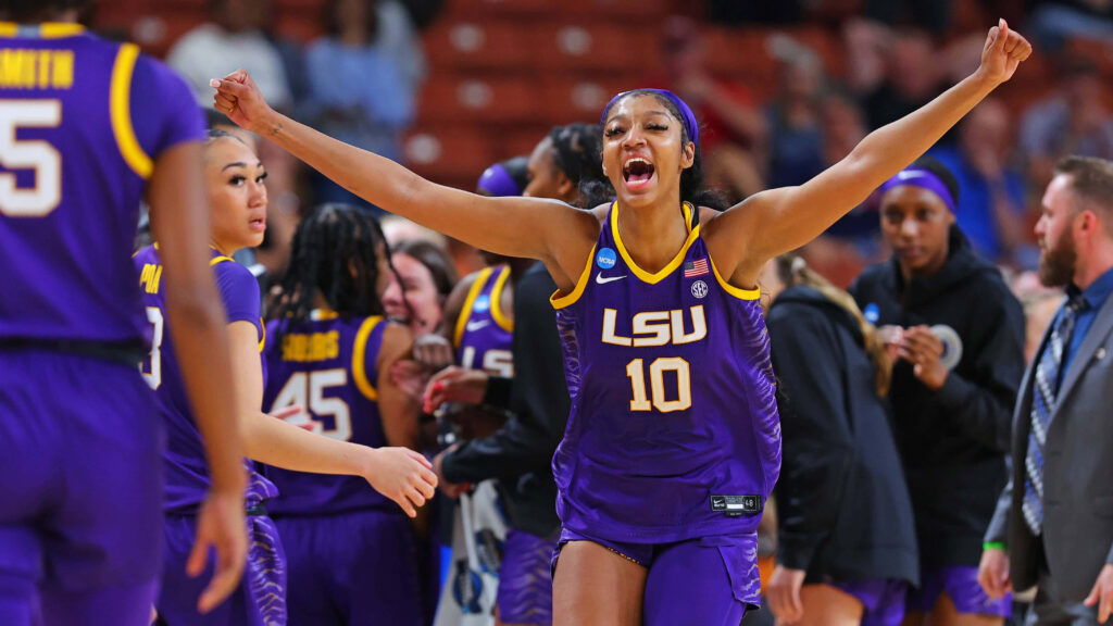Angel Reese celebrates victory in LSU basketball uniform dynamic wallpaper background image