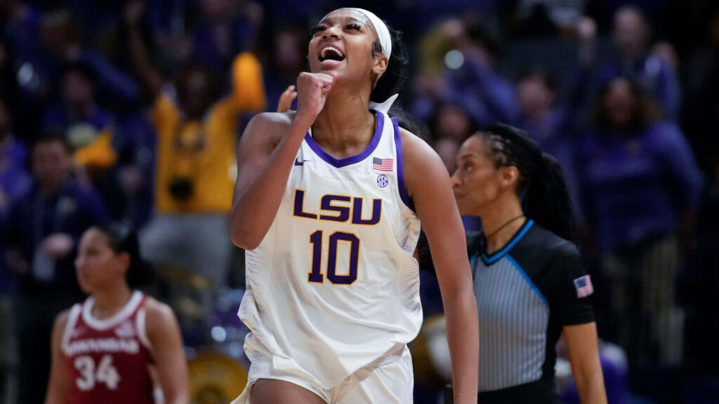Angel Reese LSU basketball player celebrating on court full of energy dynamic wallpaper background