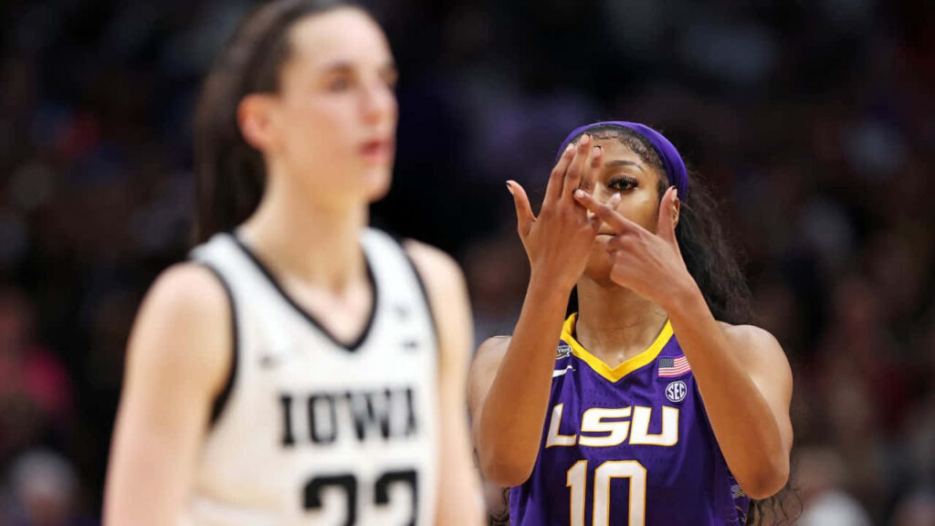 Angel Reese in LSU jersey number 10 passionately celebrates during basketball game vs Iowa Wallpaper