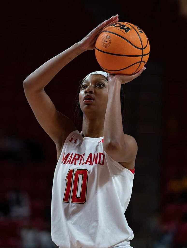 Angel Reese Maryland basketball player focused shooting free throw in dynamic wallpaper background