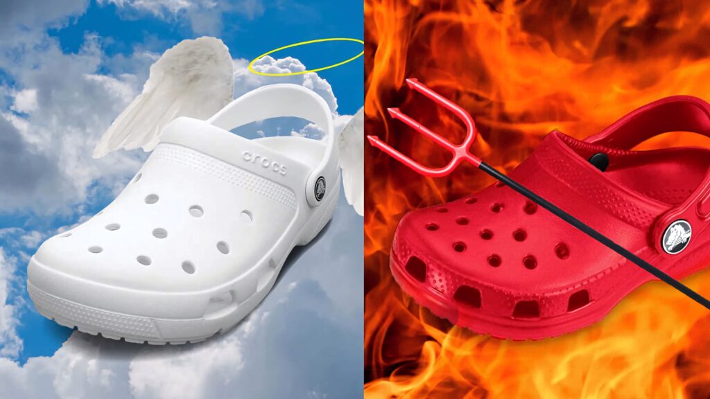 White Crocs with angel wings and red Crocs with devil trident in surreal good vs evil sky wallpaper